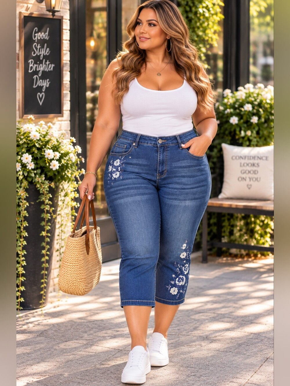 Avenue Denim Embroidered Floral Blue Capri Jeans Plus Size 22 Average 🌸👖